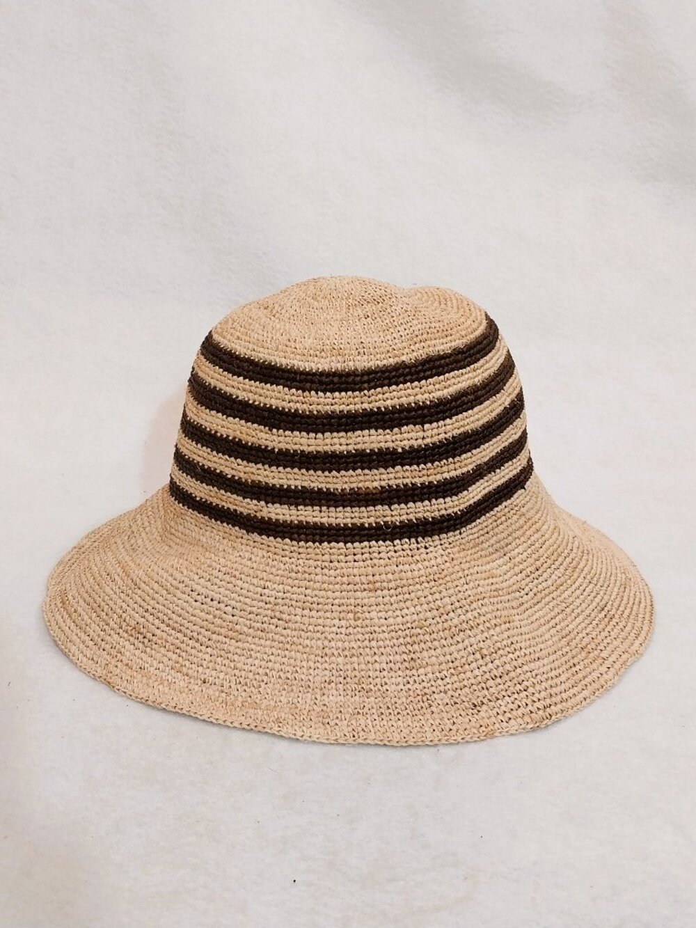 Bucket Straw Sun Hat Beige Raffia Brown Stripes Chic Quiet Luxury Coastal Style.